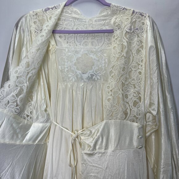 Vintage Lily of France Cream Satin Lace Full-Length 2pc Night Gown Size M